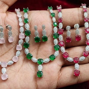 Silver-Plated Cushion Cut Crystal Necklace Earring Set, Emerald Green, Ruby Red