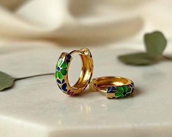 Gold Plated Floral Enamel Hoop Earrings, Waterproof Anti-Tarnish Stainless Steel