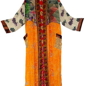 Vintage Silk Kimono Robe, Recycled Sari Dressing Gown, Floral Boho Cover Up, Long Spa Robe, Festival Cardigan, Resort Wear Gift for Women