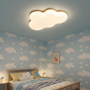 Wood Cloud LED Ceiling Light Dimmable Kids Room Nursery Soft Eye Comfort Lamp