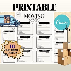 May include: Printable moving labels with a light blue moving van illustration. The labels are designed to help organize boxes during a move. The image includes the text "Printable Moving Labels" and "16 Different Labels!"