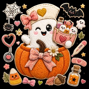 Halloween Nurse Candy Corn Chenille Patch PNG, Cute Coquette Nurse Candy Corn Ghost Applique, Pink Halloween Sublimation Digital Download