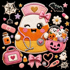 Halloween Nurse Candy Corn Chenille Patch PNG, Cute Coquette Nurse Candy Corn Ghost Applique, Pink Halloween Sublimation Digital Download