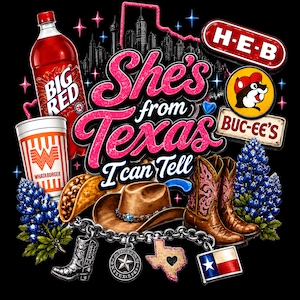 She's From Texas I Can Tell PNG, Texas Girl Sublimation Design, Western Cowgirl Graphic, Big Red & Buc-ee's Inspired Texas Pride PNG