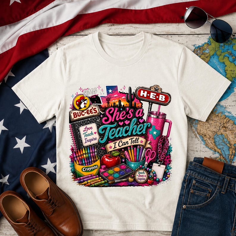 May include: A cream-colored t-shirt featuring a colorful graphic print with the text 'She's a Teacher I Can Tell', 'Buc-ee's', 'H-E-B', and 'Love Teach Inspire'. The design includes illustrations of crayons, a red apple, a tumbler, and school supplies.