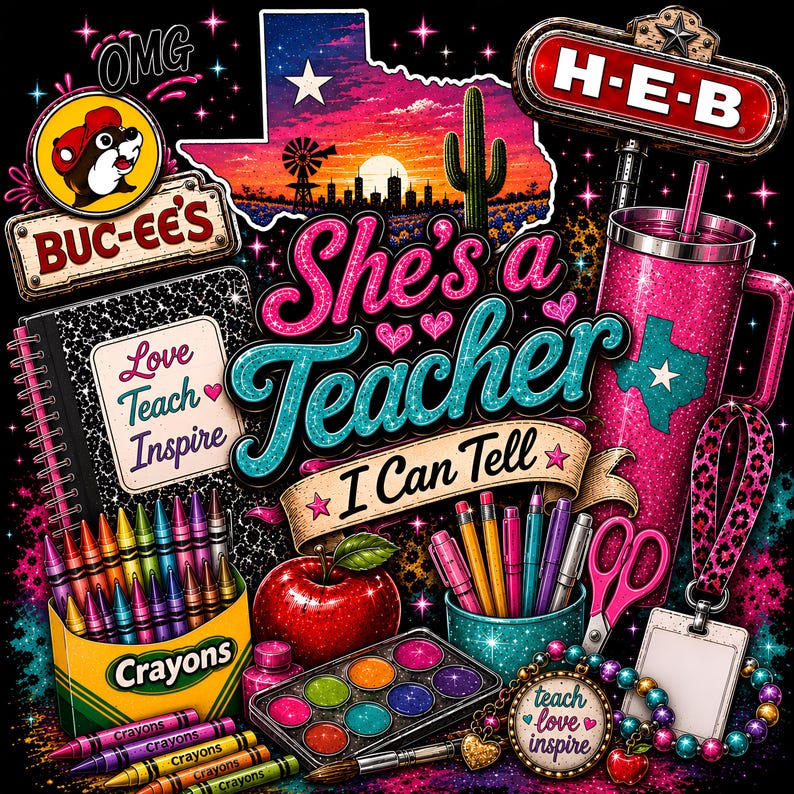 May include: A graphic design featuring a Texas silhouette, a Buc-ee's logo, an H-E-B sign, a pink glitter tumbler, a notebook with 'Love Teach Inspire' text, a box of crayons, a red apple, paint set, pens, scissors, and a beaded lanyard.