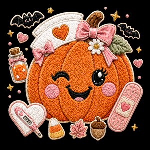 Halloween Nurse Pumpkin Chenille Patch PNG, Cute Coquette Nurse Pumpkin Applique, Pink Fall Halloween Sublimation PNG, Digital Download