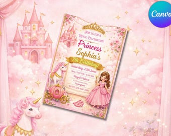 Princess Birthday Invitation Template | Editable in Canva | Royal Birthday Party Invite | Instant Download