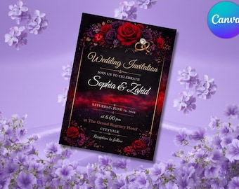 Digital Gothic Wedding Invitation Template, Red Purple Roses, Dark Floral (Digital Download)