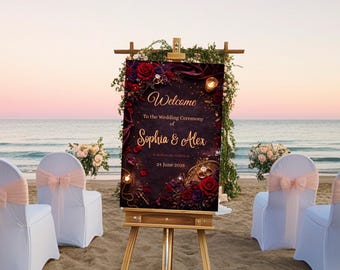 Editable Burgundy Floral Wedding Welcome Sign, Gothic Roses Poster (Digital Download)