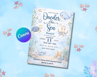 Oneder the Sea Birthday Invitation, Watercolor Sea Animals, Nautical Party (Digital Download)