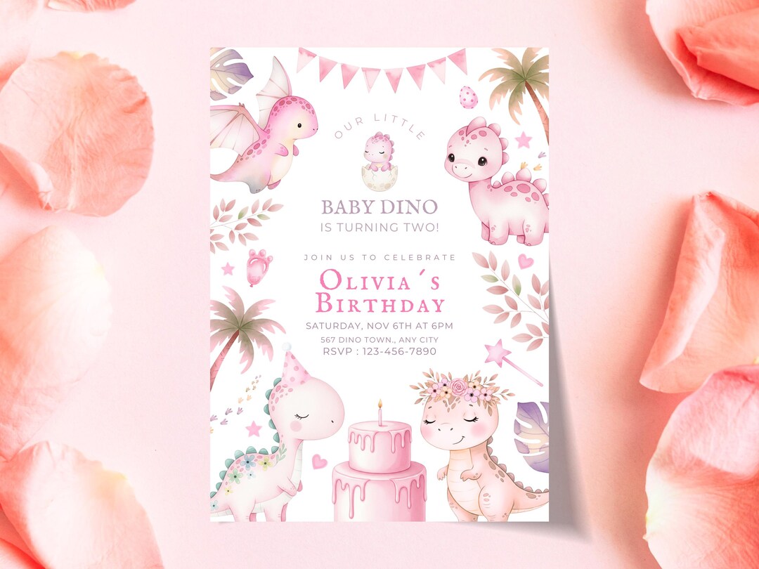Editable Pink Baby Dinosaur Birthday Invitation Template, Girl Dino ...