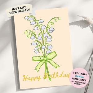 Könnte beinhalten: Geburtstagskarte mit handgezeichneter Illustration von Maiglöckchenblüten, die mit einer grünen Schleife gebunden sind. Die Worte "Happy Birthday" sind in goldener Schrift geschrieben. Enthält "Sofort-Download!" und "2 bearbeitbare Canva-Vorlagen".