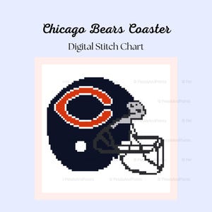 May include: A digital stitch chart for a Chicago Bears coaster featuring a pixelated navy blue football helmet with an orange C logo and a white face mask. The text Chicago Bears Coaster and Digital Stitch Chart appear above the graphic.