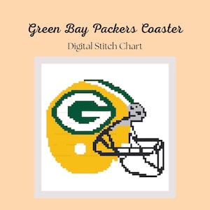 May include: Digital stitch chart for a Green Bay Packers coaster. The design features a pixelated image of a yellow and green football helmet with the team's logo. The text "Green Bay Packers Coaster" and "Digital Stitch Chart" are displayed above the image.