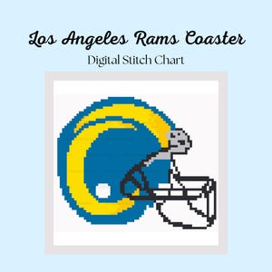 May include: Digital stitch chart with the Los Angeles Rams logo, a blue and yellow American football helmet. The text "Los Angeles Rams Coaster" and "Digital Stitch Chart" are above the image on a light blue background.