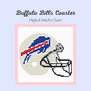 May include: Digital stitch chart featuring the Buffalo Bills logo on a football helmet. The logo includes a blue charging buffalo with a red stripe. The text "Buffalo Bills Coaster" and "Digital Stitch Chart" are above the logo.