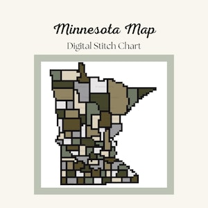 May include: A digital stitch chart of the Minnesota map, featuring a pixelated design in shades of green, brown, and gray. The text "Minnesota Map" and "Digital Stitch Chart" are displayed above the map.