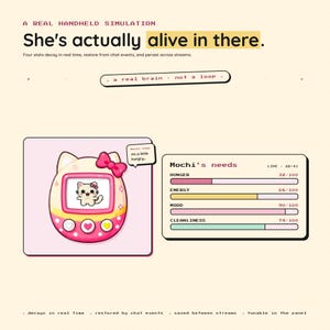 May include: A digital illustration of a pink handheld game console with a cat character on the screen. The text "She's actually alive in there" is at the top. The game's interface shows the cat's needs: hunger, energy, mood, and cleanliness.