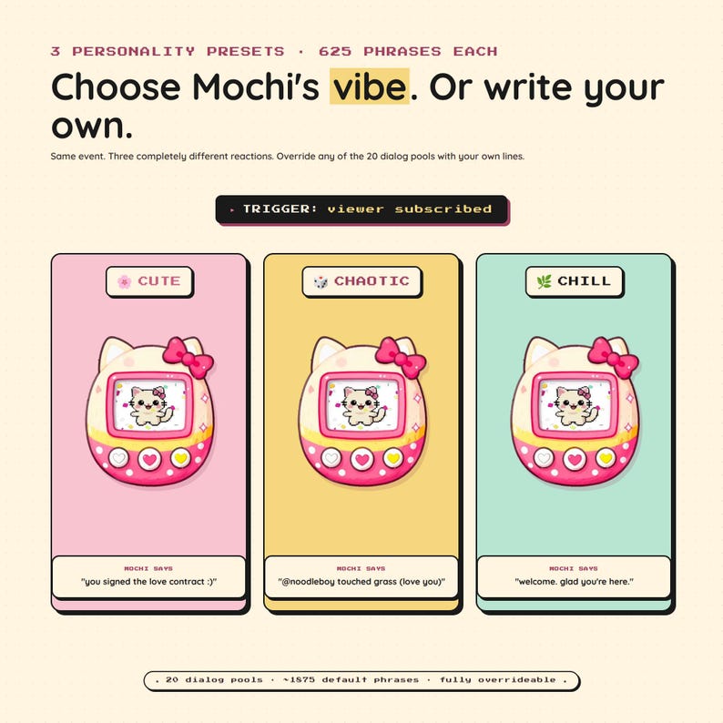 May include: A graphic with three digital pet designs, each with a different personality: Cute, Chaotic, and Chill. The text reads "Choose Mochi's vibe. Or write your own." Each design has a pink bow and a small kitten graphic.