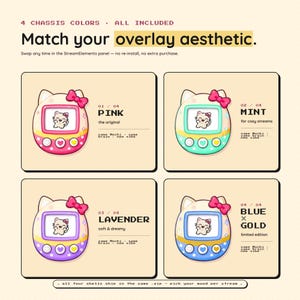 May include: A graphic featuring four digital pet designs in pink, mint, lavender, and blue/gold. Each design has a cat-like shape with a bow, screen, and buttons. Text includes "Match your overlay aesthetic" and color names.