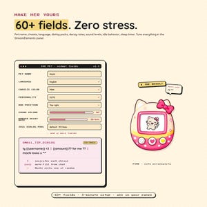 May include: A digital interface with a pink and white virtual pet design. The interface includes fields for pet name, language, chassis color, and personality. The text reads "60+ fields. Zero stress."