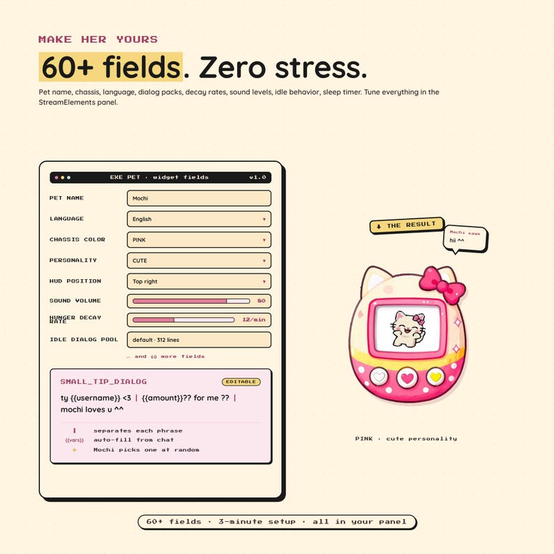 May include: A digital interface with a pink and white virtual pet design. The interface includes fields for pet name, language, chassis color, and personality. The text reads "60+ fields. Zero stress."