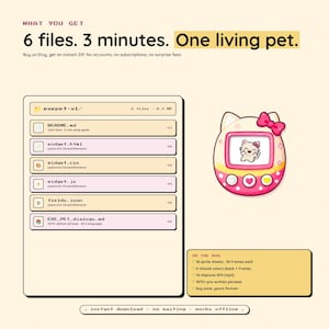May include: Digital download graphic featuring a pink and white virtual pet device with a cartoon cat character. The image includes a list of files, and text that reads "6 files. 3 minutes. One living pet."