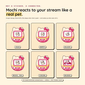 May include: A digital pet character named Mochi, shown in six different animated states: Calm, Happy, Asleep, Needs You, Vibing, and Raided. Each state is displayed on a pink and white handheld device with a cat graphic. Text reads "Mochi reacts to your stream like a real pet."