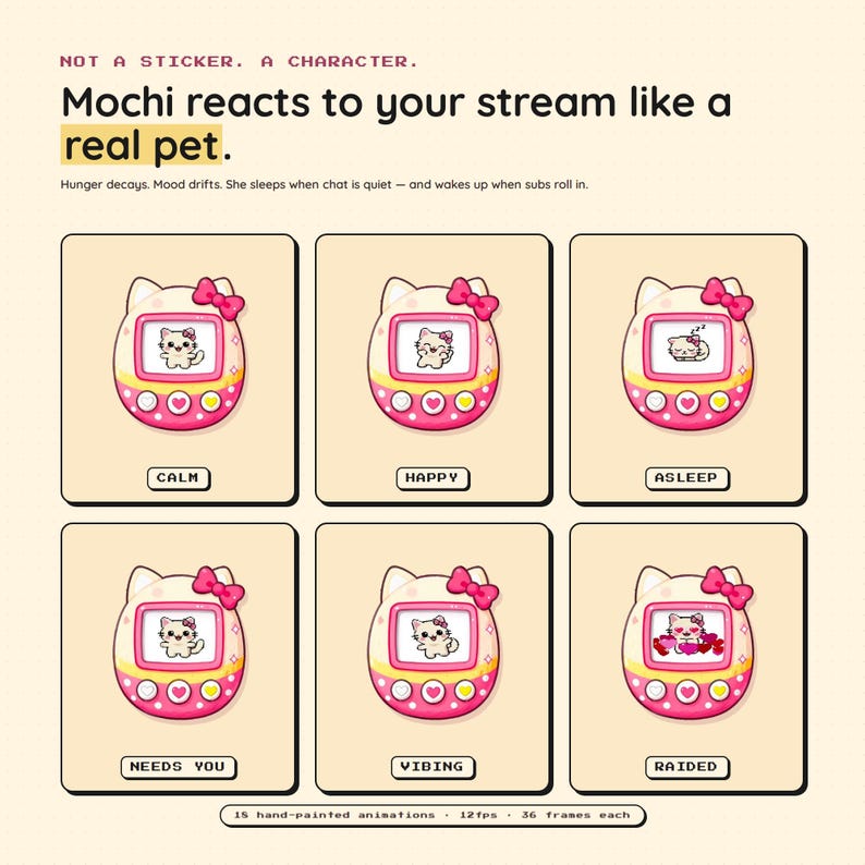 May include: A digital pet character named Mochi, shown in six different animated states: Calm, Happy, Asleep, Needs You, Vibing, and Raided. Each state is displayed on a pink and white handheld device with a cat graphic. Text reads "Mochi reacts to your stream like a real pet."