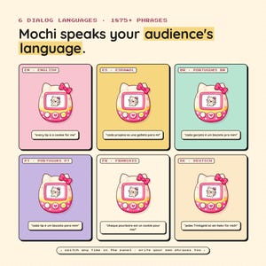 May include: An advertisement for Mochi, a product that speaks your audience's language. The image features six panels, each showcasing a different language with a cartoon device and a phrase. The device is pink with a bow.