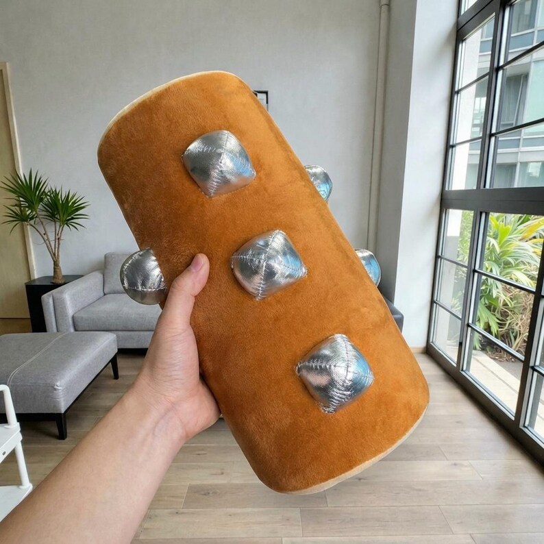 May include: A plush, cylindrical pillow in shades of brown and tan, adorned with silver, square-shaped accents. The pillow is held in a person's hand, showcasing its soft texture and unique design. The pillow is a decorative item.