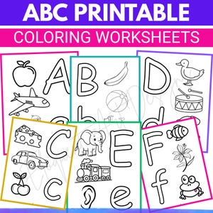 May include: Printable ABC coloring worksheets with outlined letters and corresponding images like an apple, airplane, and cheese. The text "ABC PRINTABLE COLORING WORKSHEETS" is at the top.
