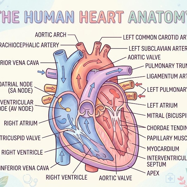 Ilustracja anatomii serca człowieka: pastelowy diagram medyczny dla uczniów