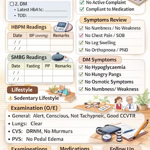 Może przedstawiać: Formularz medyczny zatytułowany "NCD Clerking Sheet" z sekcjami na informacje o pacjencie, odczyty, styl życia i porady dotyczące dalszego postępowania. Formularz zawiera pola wyboru, tabele i terminologię medyczną.