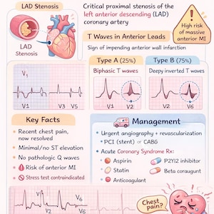 Peut inclure: Infographie éducative sur le syndrome de Wellens, avec des illustrations du cœur, des tracés ECG et des informations médicales. Le texte comprend les faits clés, la gestion et le risque d'infarctus du myocarde antérieur.