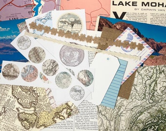 Travel/map themed paper craft, junk journal, collage kit 80 pieces