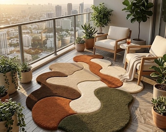 Puede incluir: Una alfombra abstracta con un diseño orgánico en tonos marrón, beige, naranja, verde y crema. La alfombra está colocada en un balcón de madera, rodeada de plantas en macetas y muebles. En el fondo se ve un horizonte urbano, con una barandilla de cristal.