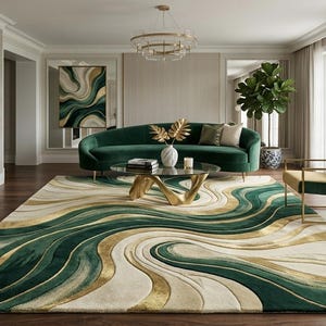 May include: A large rectangular area rug featuring a flowing, abstract wave pattern in deep emerald green, cream, and metallic gold tones. The design incorporates carved, multi-level textures that create a sense of depth and movement across the surface.