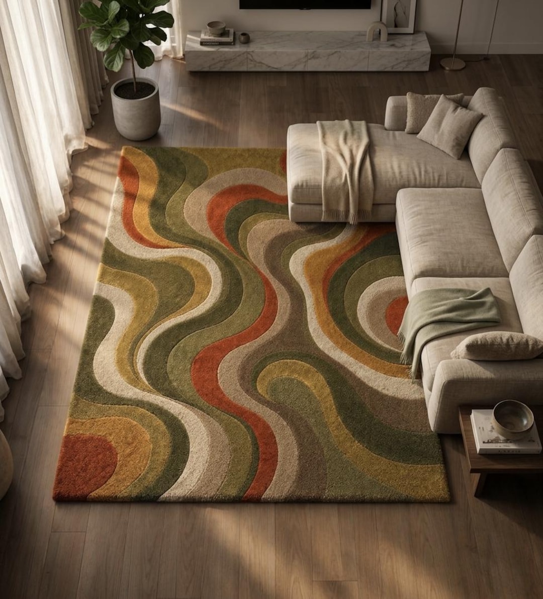 Wool Mix Abstract Rug Hand Tufted Wool Blend Abstract Wavy Carpet | Modern Living Room Rug ...