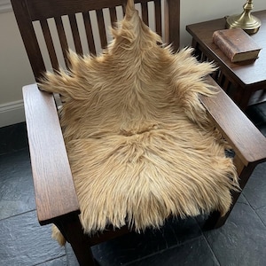 May include: A dark brown wooden armchair with a slatted back and wide armrests, featuring a long-haired, golden-tan sheepskin pelt draped over the seat and backrest, providing a textured, shaggy appearance against the smooth wood frame.