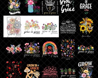 Grow in Grace Png Bundle, Wildflower Png, Bible Verse Png, Boho Floral Png, Christian Sublimation Designs