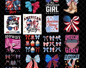 Girly American Flag Bundle 9 PNGs, Chinoiserie 4th of July, USA Toile De Jouy Bows DTF, Patriotic Floral, Watercolor Wildflowers Birds Lace