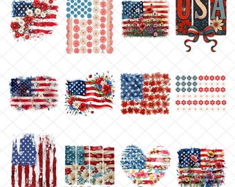 Floral American Flag PNG Bundle, Patriotic 4th of July Sublimation Design, Red White and Blue Boho Flowers Graphic, Independence Day PNG