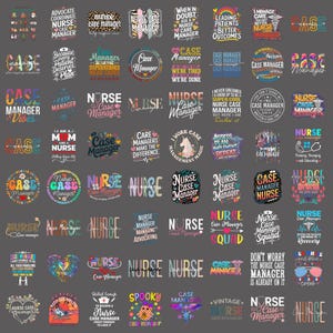 Op de afbeelding: Een verzameling van tweeënzeventig grafische ontwerpen met de tekst Nurse Case Manager, Case Manager en Nurse Case Manager Squad. De ontwerpen bevatten diverse lettertypes, kleurrijke illustraties van stethoscopen, harten en medische symbolen.