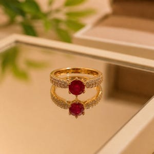 Round Shape Lab Ruby Engagement Ring, Gold Ruby Ring with Zircon Accents, Vintage Promise Ring, July Birthstone Gift for Her