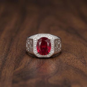 Men’s Oval lab Ruby Ring with Halo, Silver Designer Signet Ring, Red Gemstone Statement Ring, Vintage Style Luxury Ring,Wedding Gift for Him