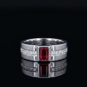 Men's Lab Ruby Wedding Band, Emerald Cut Ruby Ring, Sterling Silver Statement Ring, Anniversary Gift for Him, Promise Ring
