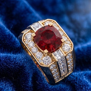 lab Ruby Ring for Men, Cushion Cut Red Ruby Gold Ring, Diamond Halo Statement Ring, Luxury Chunky Signet Ring, Wedding or Gift for Him