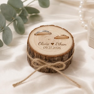 Personalized Wood Slice Ring Holder, Engraved Ring Bearer Box, Rustic Wedding Band Holder, Custom Names Date, Ring Pillow Alternative